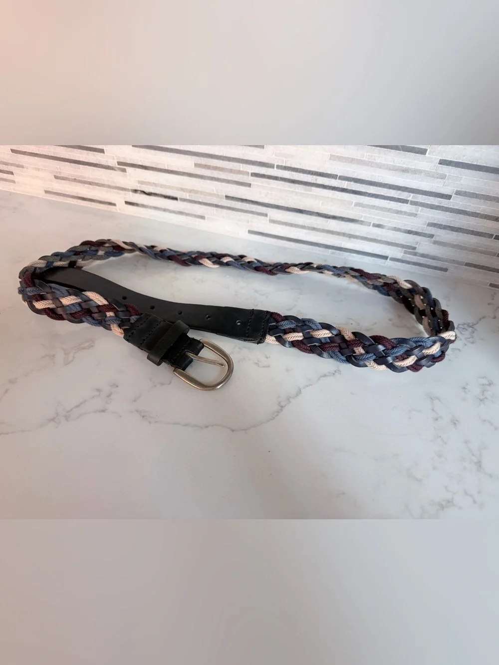 Braided Multicolor Belt with Black Leather Trim size M length 39”